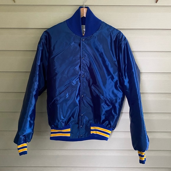 DeLONG blue & yellow vintage varsity snap button jacket retro letterman M MINT - Picture 1 of 14